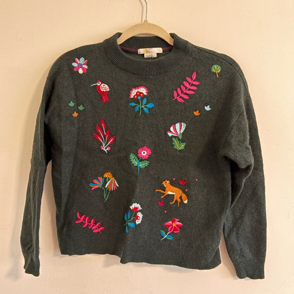 Boden Women's Dark Green Long Sleeve Floral Embroidered Sweater Size 8